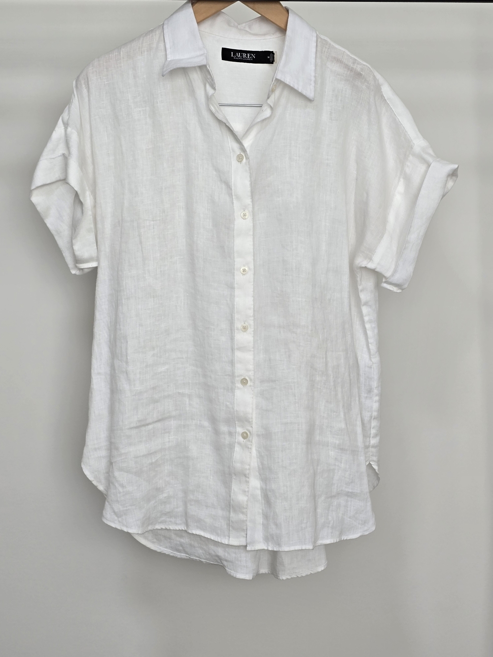 Lauren Ralph Lauren Women's White Linen Short Sleeve Button-Down Shirt